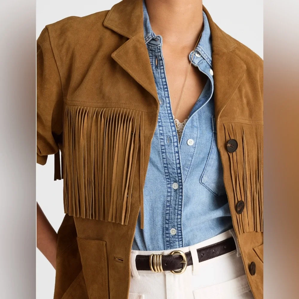 Madewell Fringe Shirt Jacket in Suede New With Tags Small Coastal Cowgirl - Picture 5 of 15